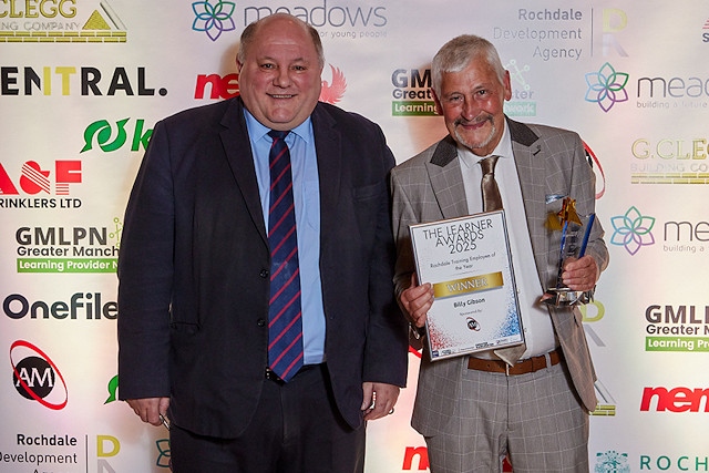 Billy Gibson, Rochdale Training Employee of the Year, with Mark Holmes from Ashworth Moulds Chartered Accountants